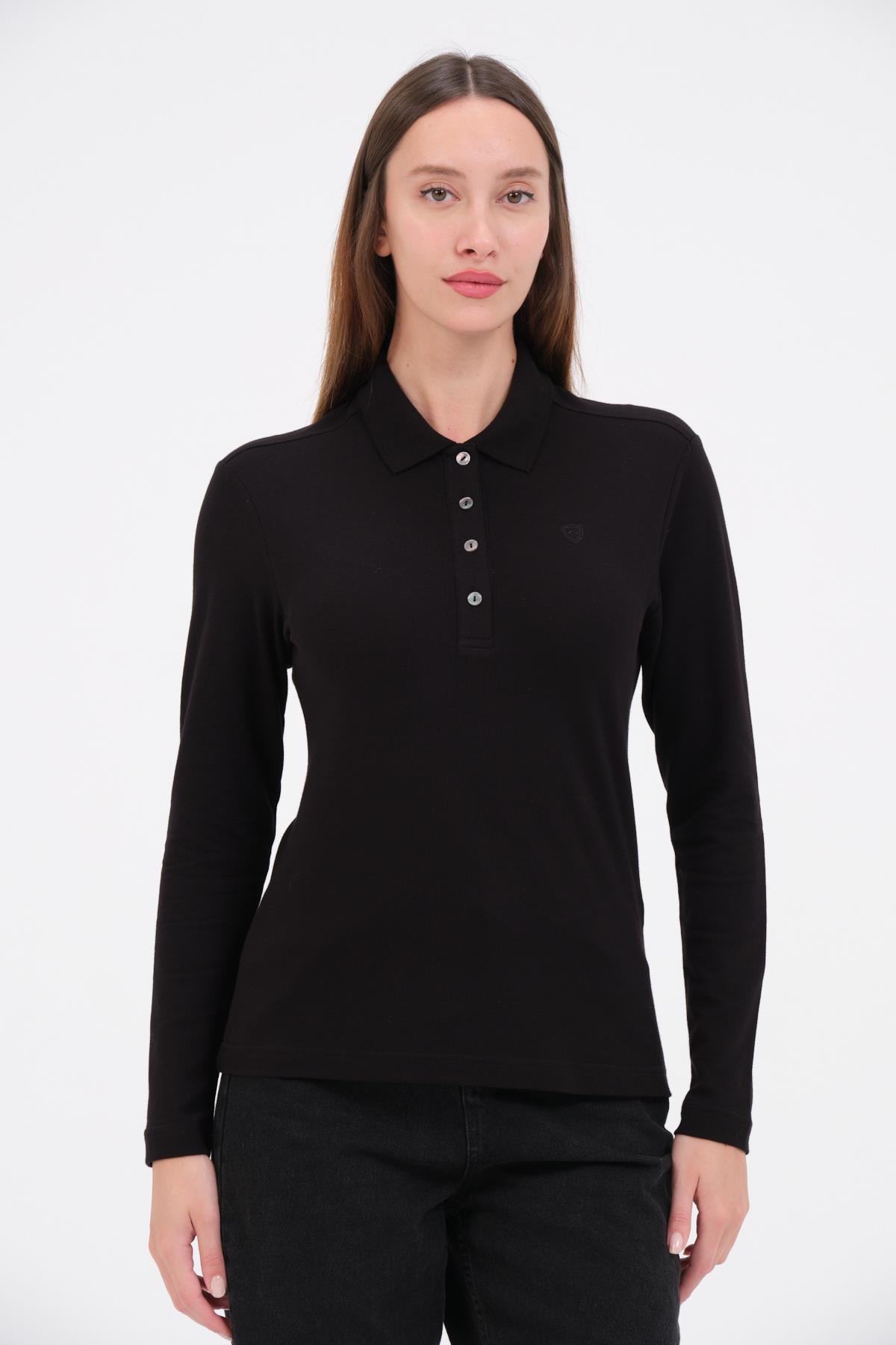 MSW Kadın Regular Fit Uzun Kollu Siyah Polo