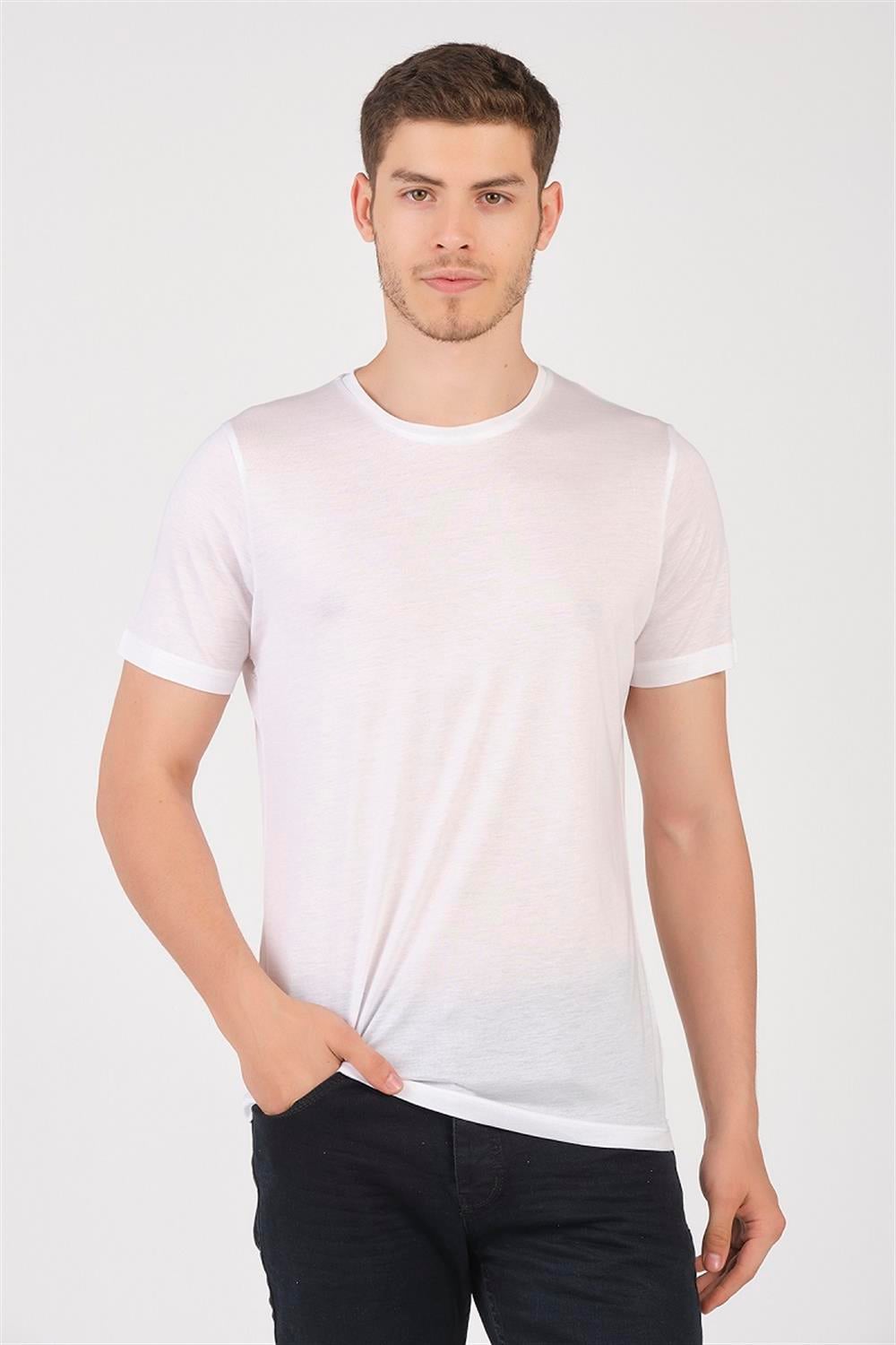 MSW Tencel Erkek Regular Fit Beyaz Bisiklet Yaka T-shirt