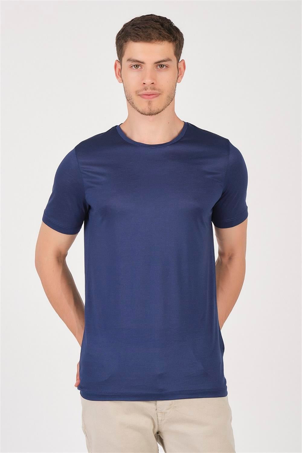 MSW Tencel Erkek Regular Fit Marin Bisikler Yaka T-shirt