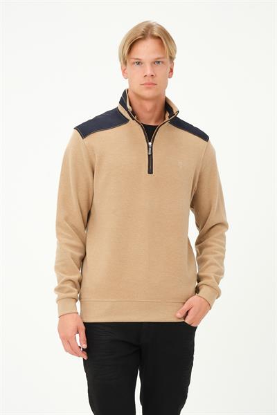 MSW Erkek Fermuarlı Süetli Regular Fit Bej Sweatshirt