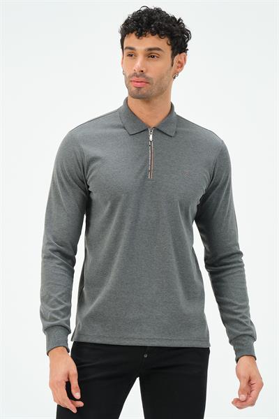 MSW Erkek Fermuarlı Uzun Kollu İnterlok Regular Fit Gri Polo 