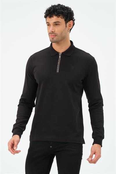 MSW Erkek Fermuarlı Uzun Kollu İnterlok Regular Fit Siyah Polo