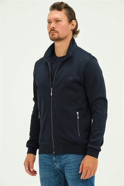 MSW Fermuarlı Deri Detaylı Regular Fit Erkek Lacivert Dik Yaka Hırka