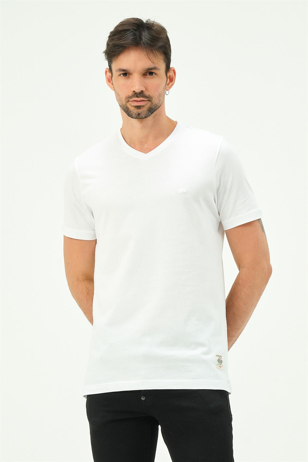 MSW Baskılı Erkek Regular Fit Beyaz V Yaka T-shirt