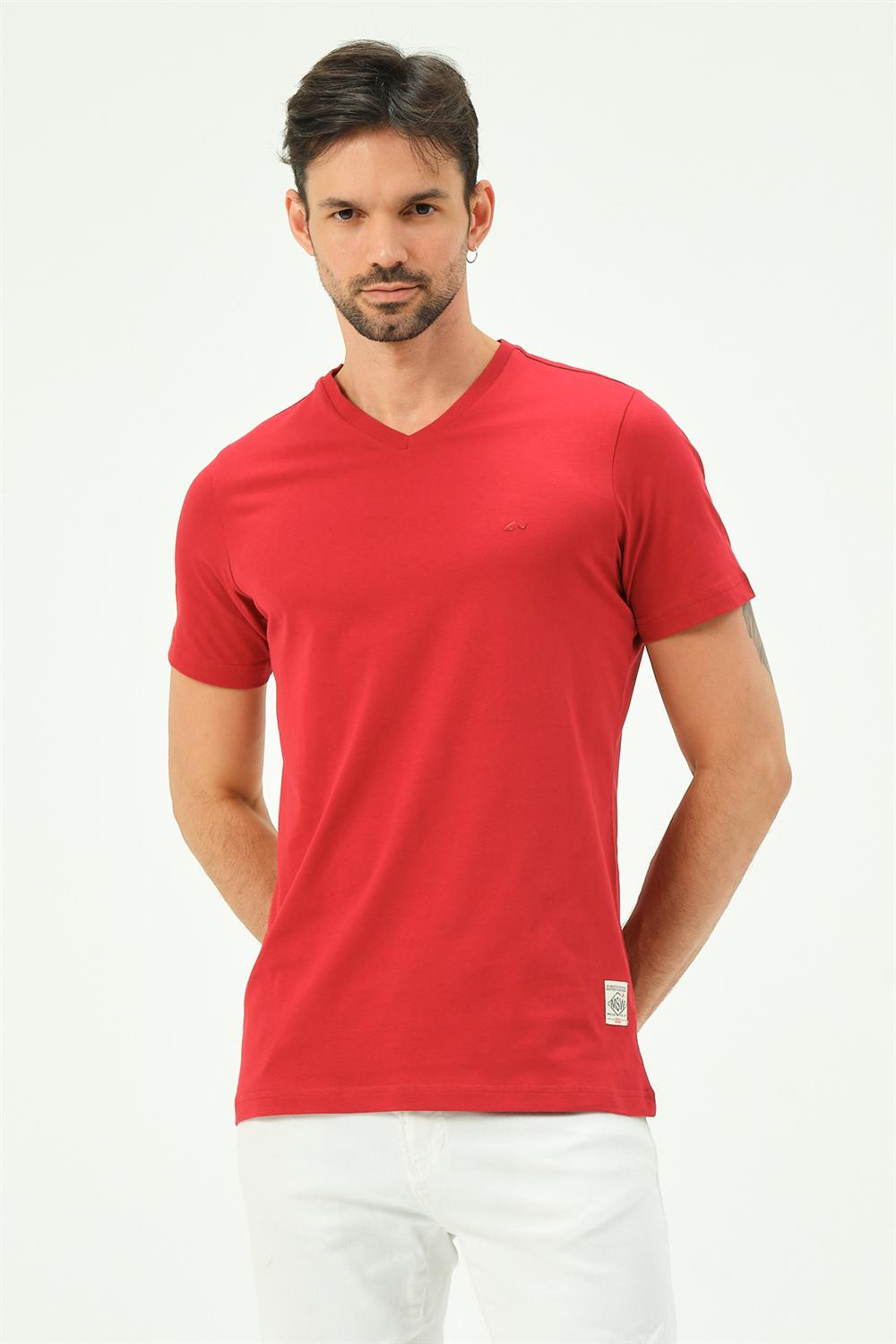 MSW Baskılı Erkek Regular Fit Kırmızı V Yaka T-shirt