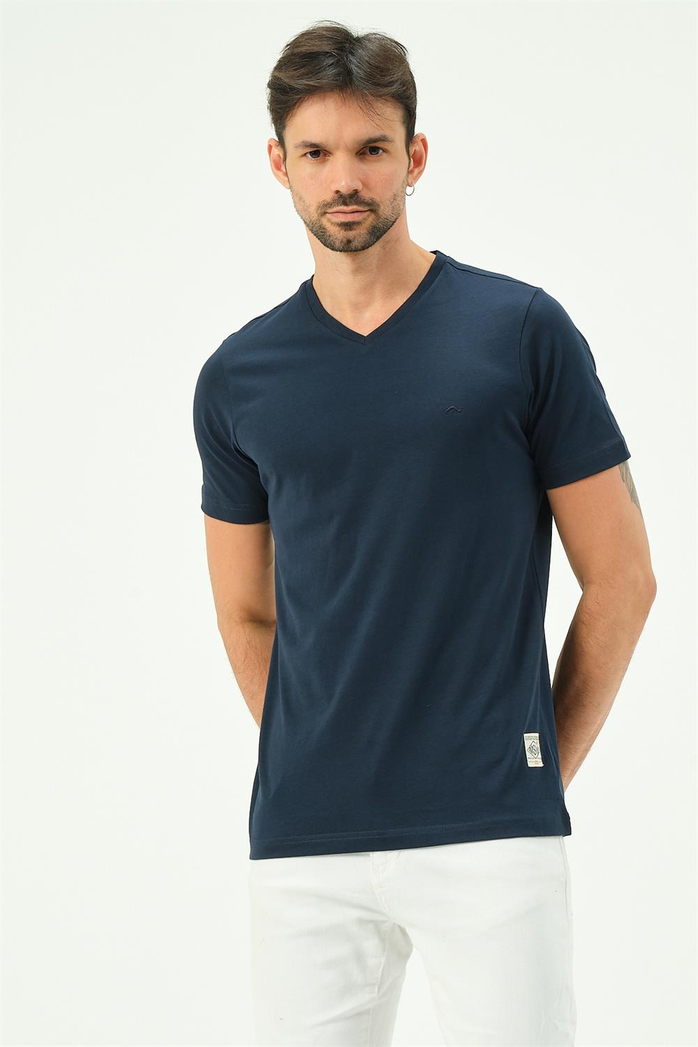MSW Baskılı Erkek Regular Fit Lacivert V Yaka T-shirt