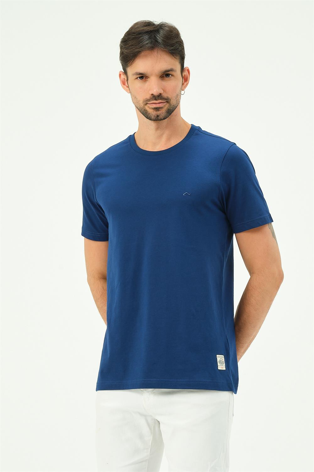 MSW Baskılı Regular Fit Erkek Marin Bisiklet Yaka T-shirt