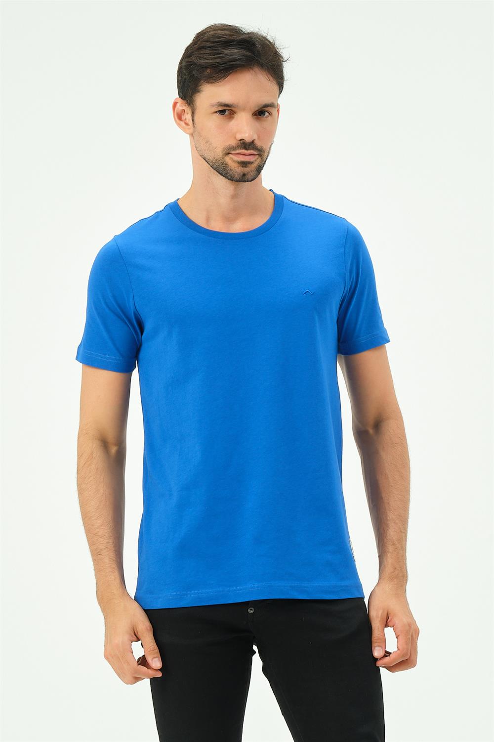 MSW Baskılı Regular Fit Erkek Mavi Bisiklet Yaka T-shirt