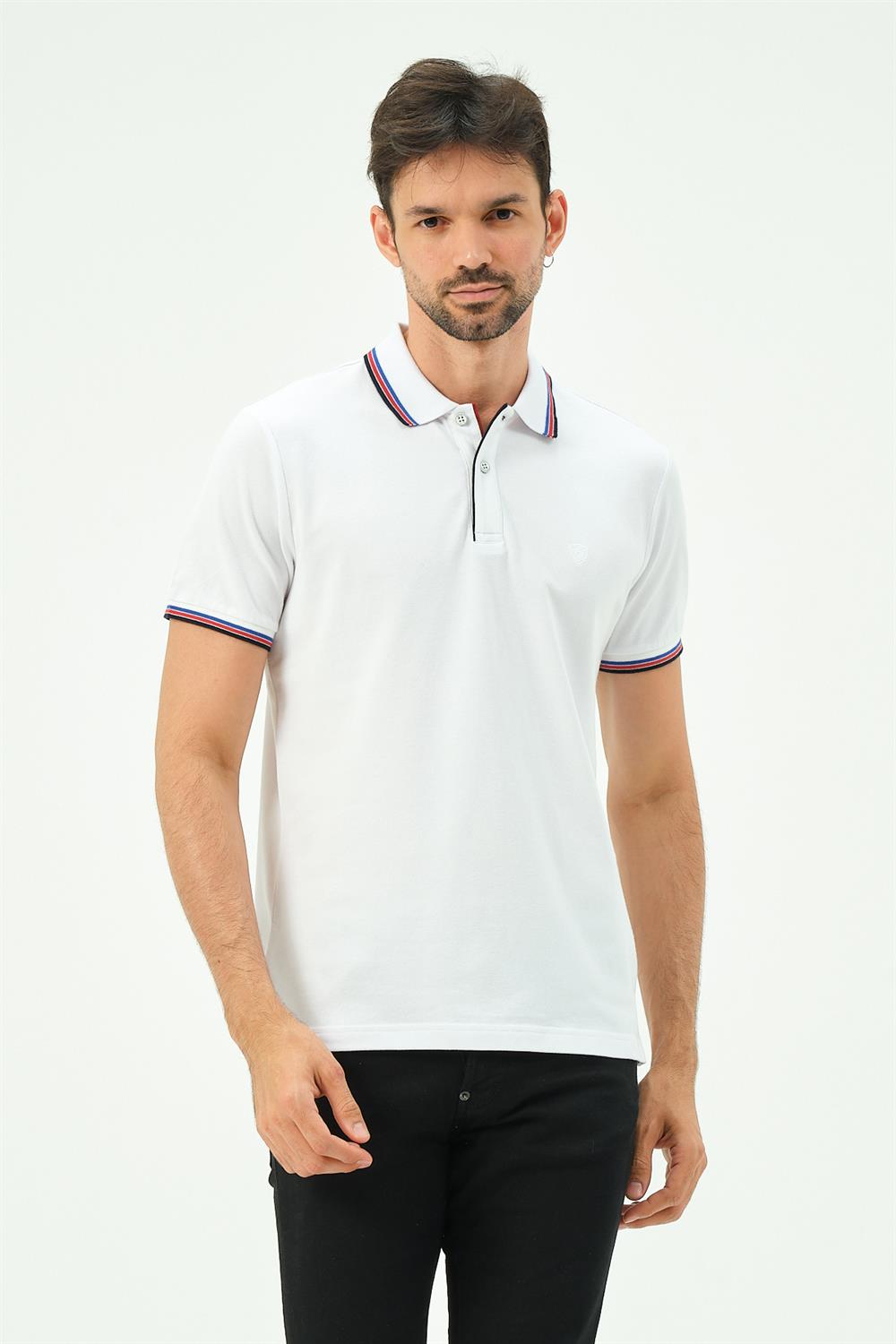MSW Çizgili Regular Fit Erkek Beyaz Polo Yaka T-shirt
