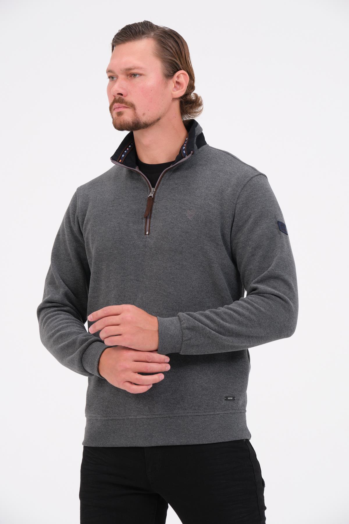 MSW Erkek Fermuarlı Süetli Regular Fit Gri Sweatshirt