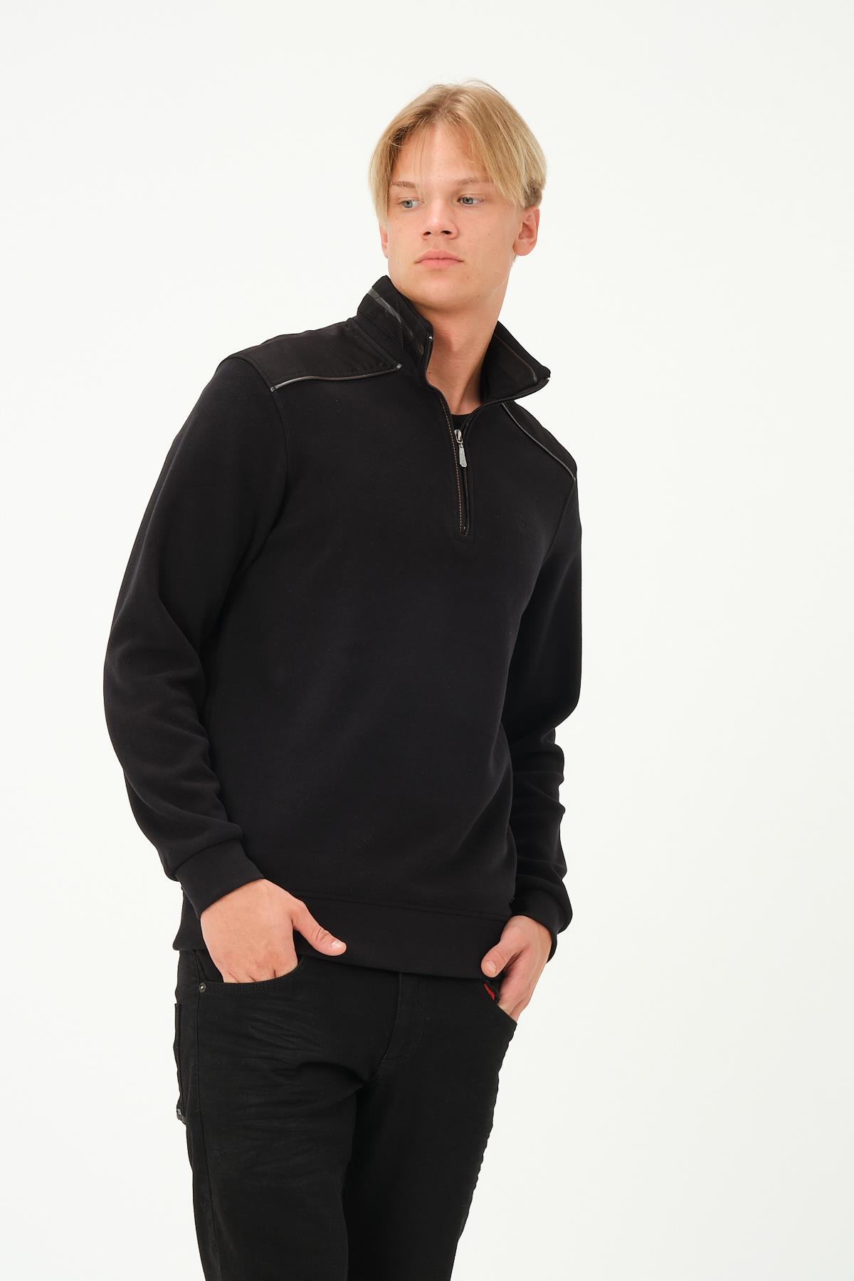 MSW Erkek Fermuarlı Süetli Regular Fit Siyah Sweatshirt