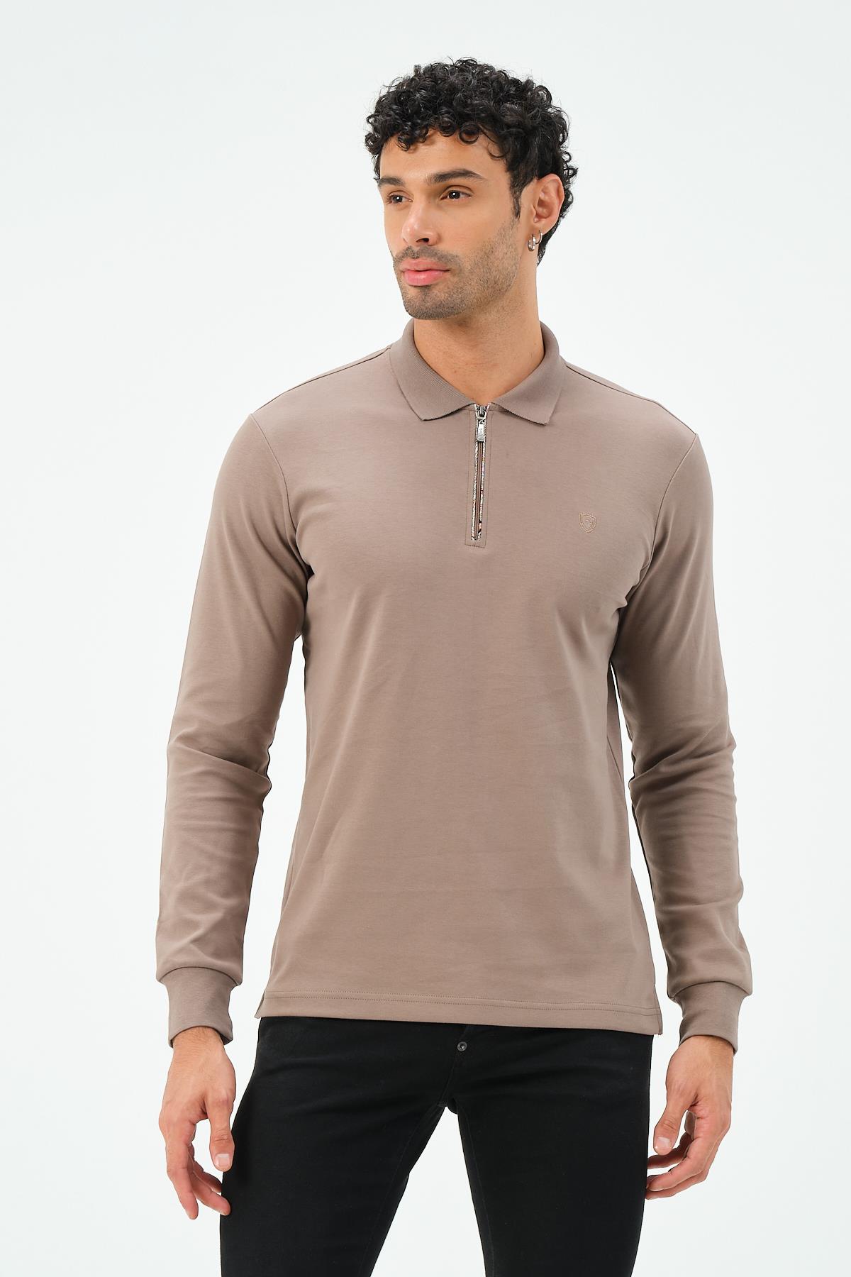 MSW Erkek Fermuarlı Uzun Kollu İnterlok Regular Fit Siyah Polo