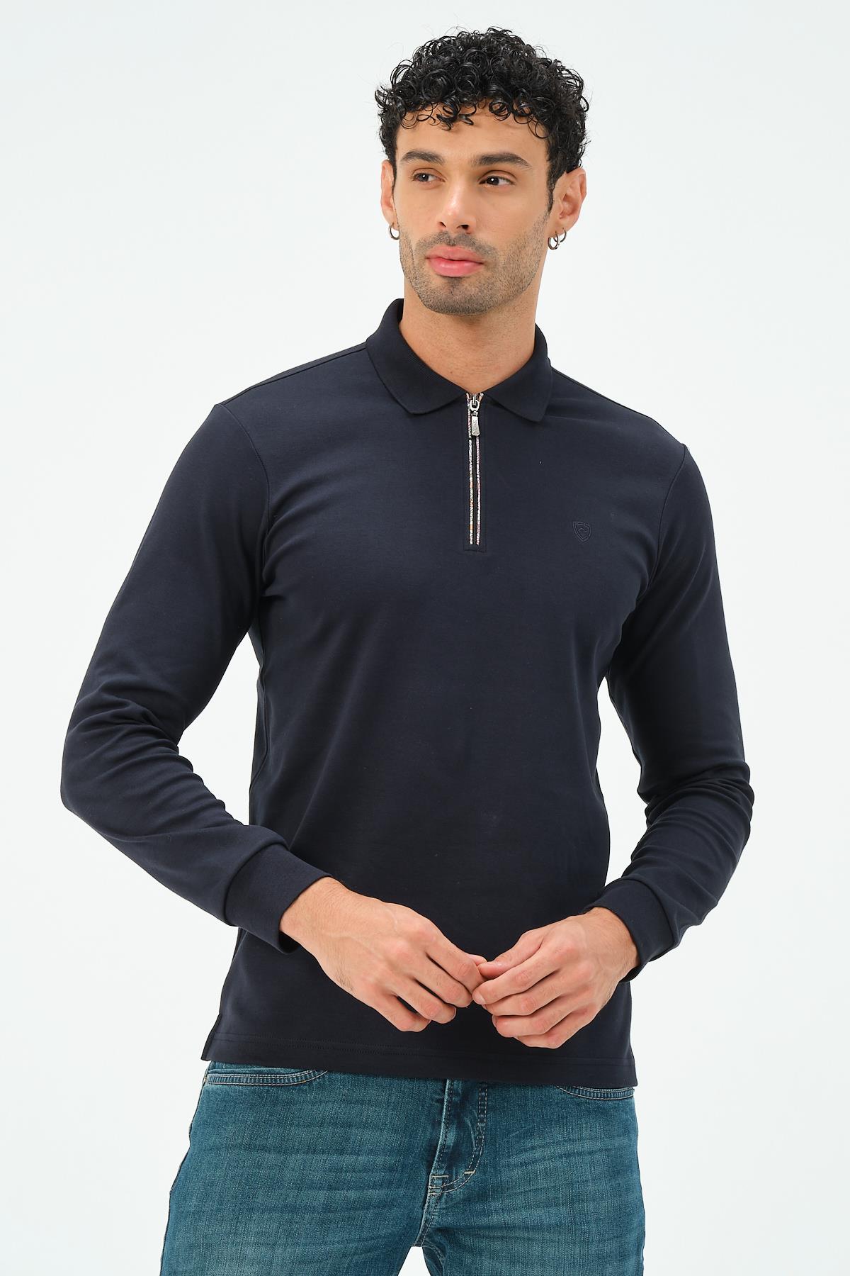 MSW Erkek Fermuarlı Uzun Kollu İnterlok Regular Fit Lacivert Polo