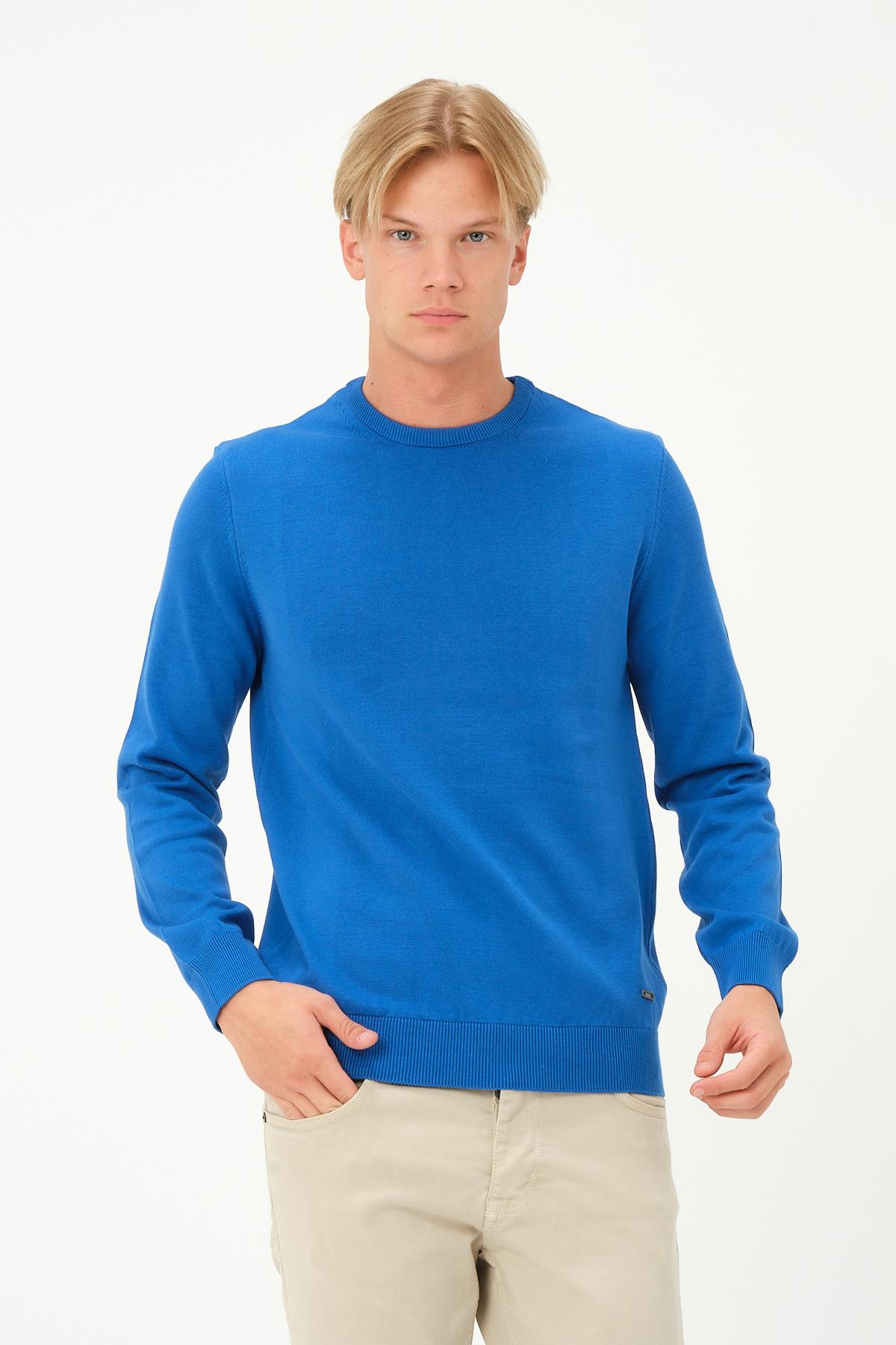 MSW Erkek Regular Fit Bisiklet Yaka Sax Triko