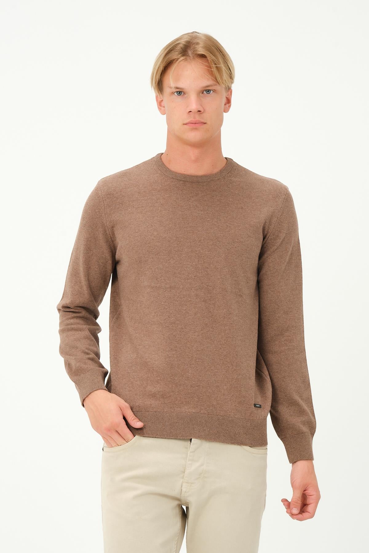 MSW Erkek Regular Fit Bisiklet Yaka Taba Triko