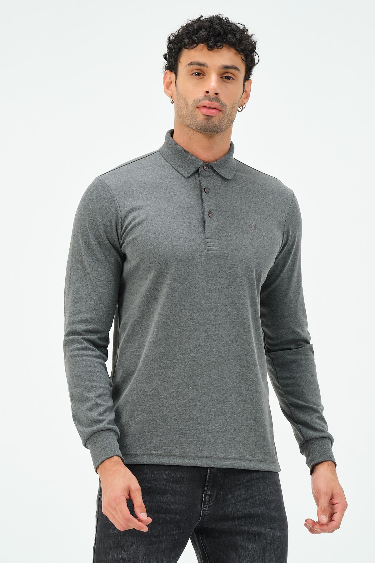 MSW Erkek Uzun Kollu İnterlok Regular Fit Gri Polo 