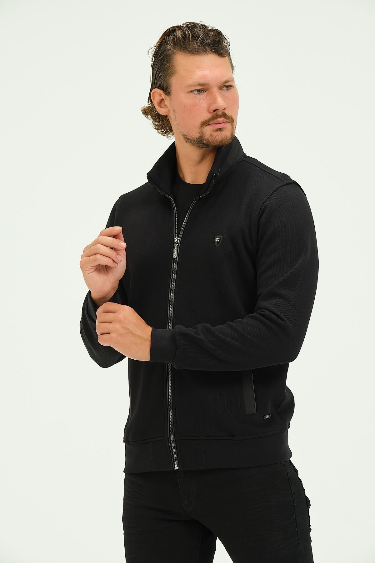 MSW Fermuarlı Deri Detaylı Regular Fit Erkek Lacivert Dik Yaka Hırka