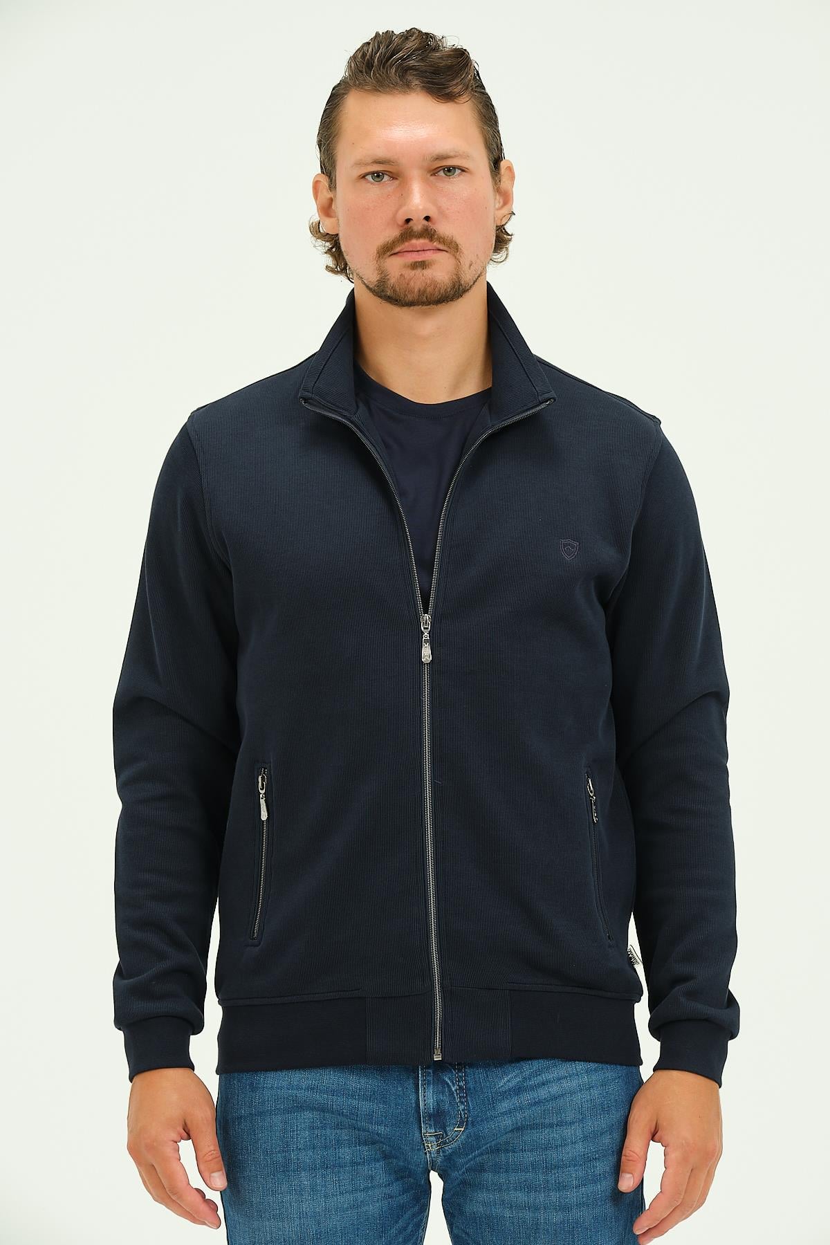 MSW Fermuarlı Deri Detaylı Regular Fit Erkek Lacivert Dik Yaka Hırka