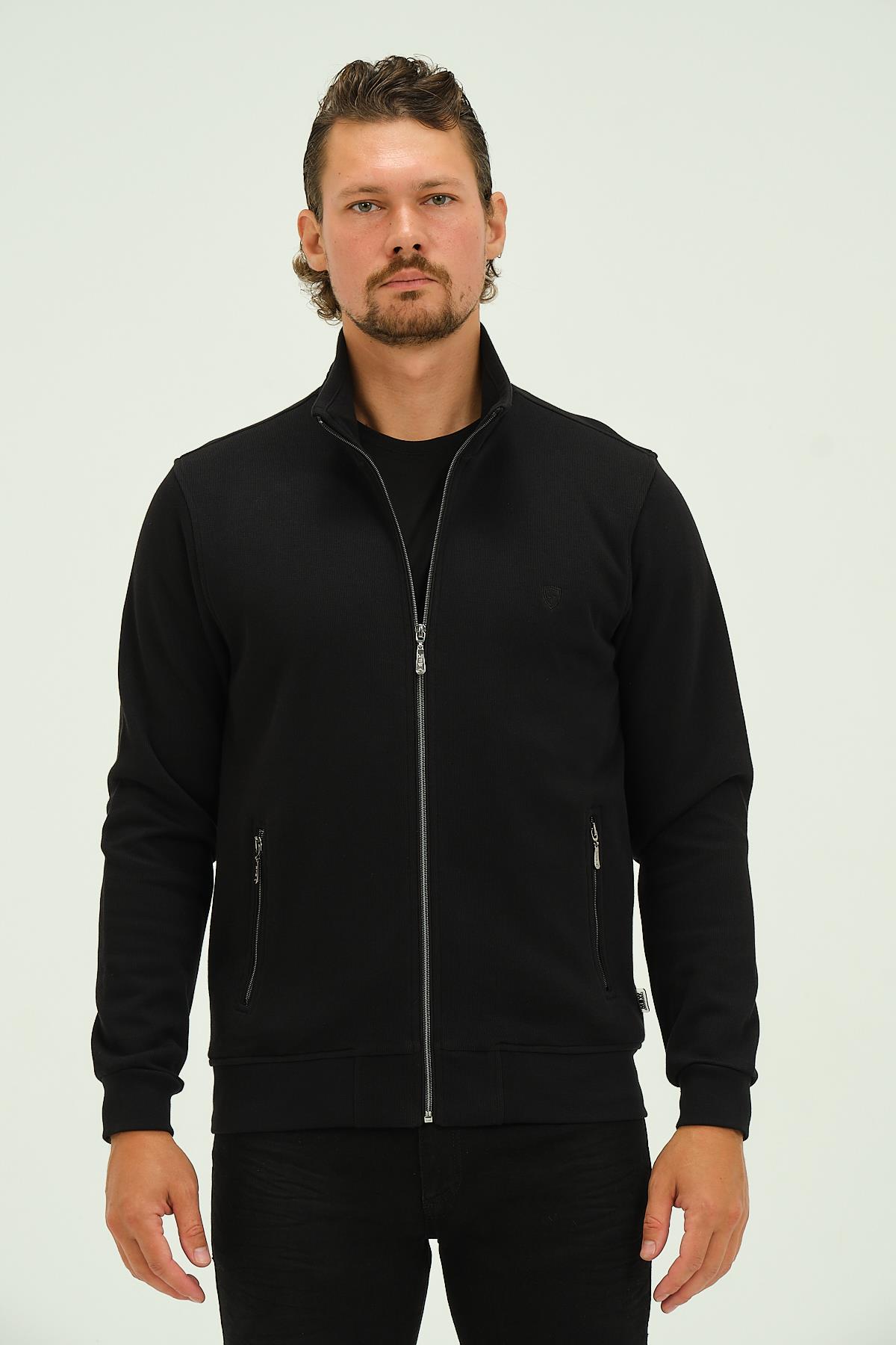 MSW Fermuarlı Regular Fit Deri Detaylı Uzun Kollu Erkek Siyah Selanik Sweatshirt