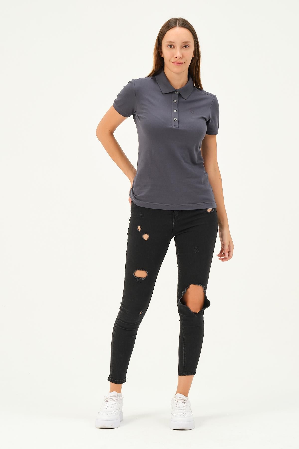 MSW Kadın Regular Fit Kısa Kollu Füme Polo