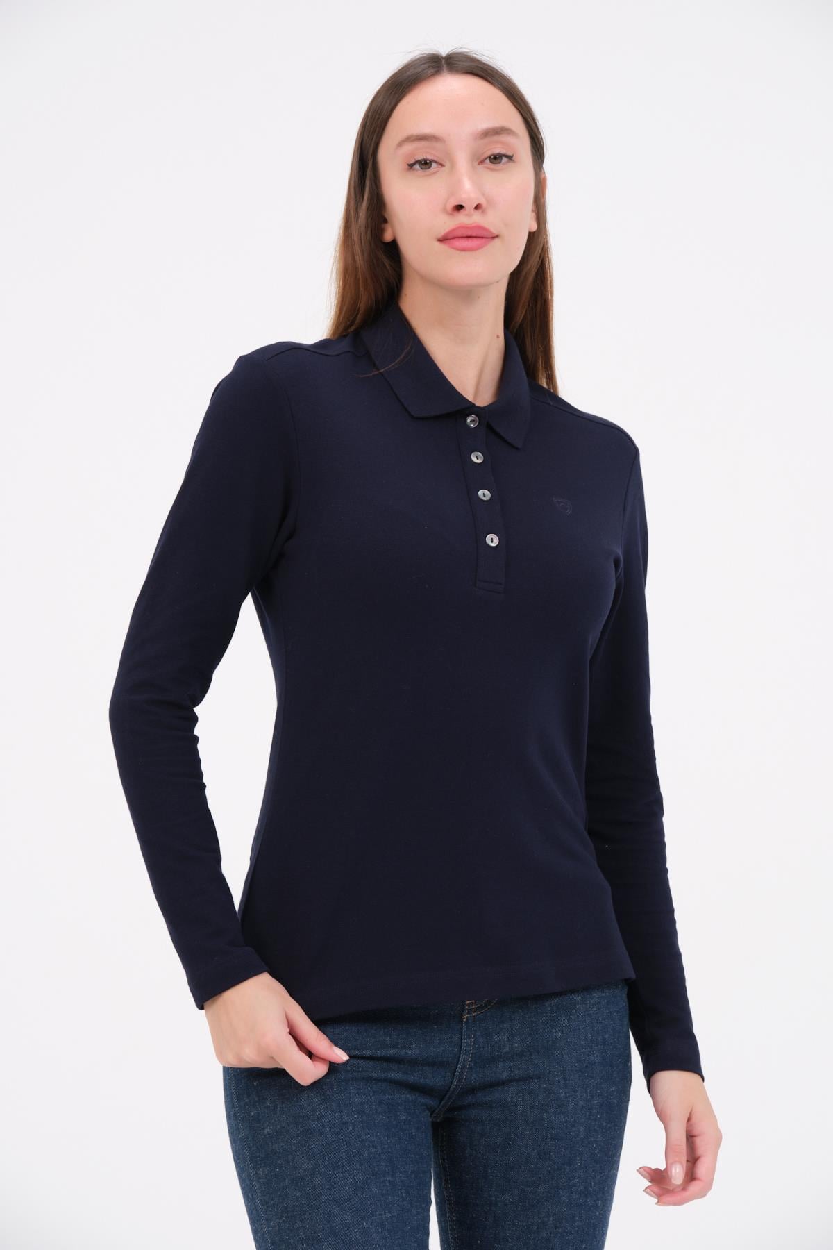 MSW Kadın Regular Fit Uzun Kollu Lacivert Polo
