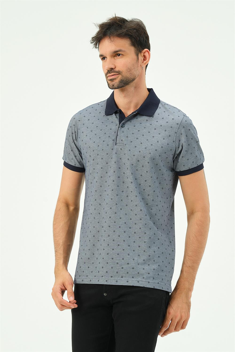 MSW Micro Baskılı Erkek Lacivert Polo Yaka T-shirt