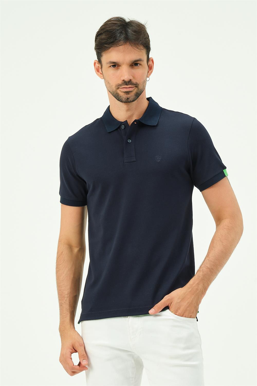 MSW Renkli Çizgili Regular Fit Erkek Siyah Polo Yaka T-shirt