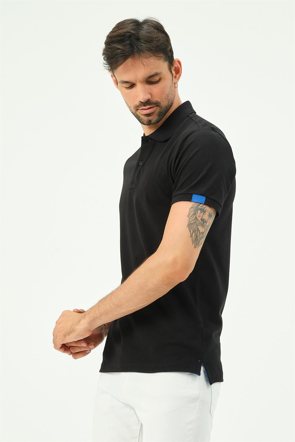 MSW Renkli Çizgili Regular Fit Erkek Siyah Polo Yaka T-shirt