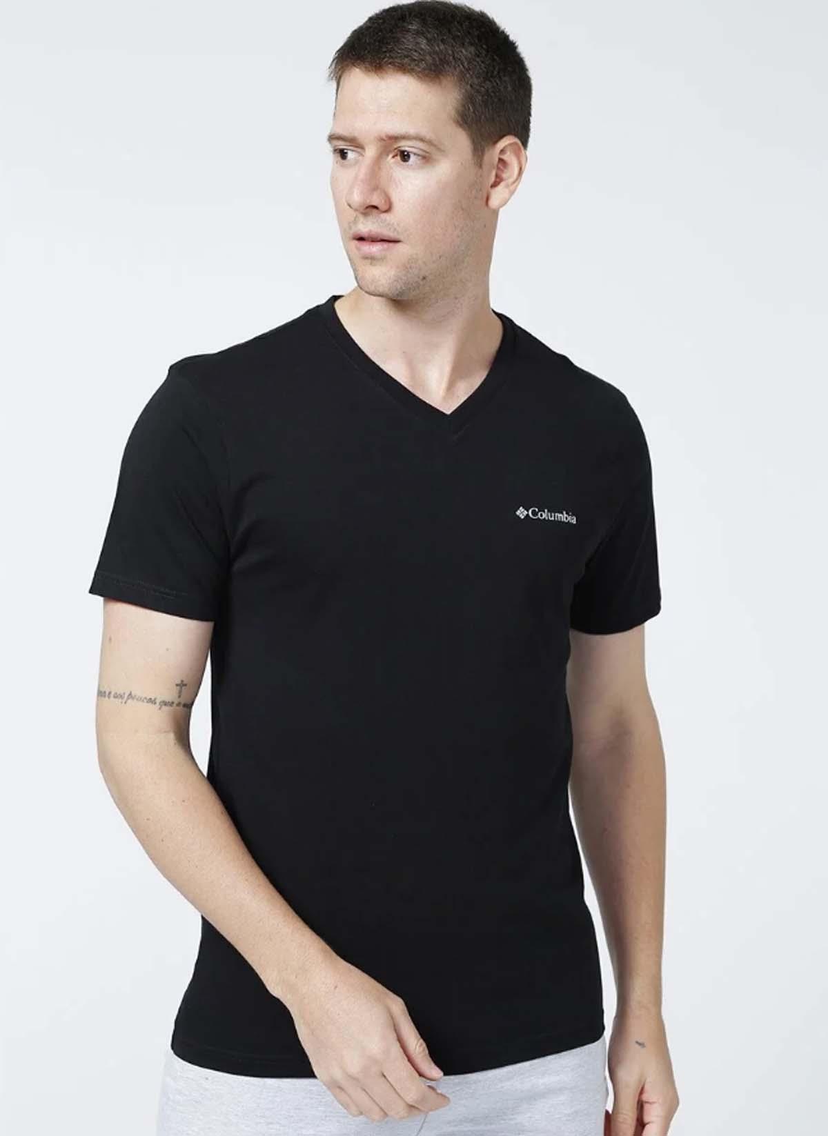 Columbia Erkek V Yaka Baskılı Siyah Erkek T-Shirt CS0207