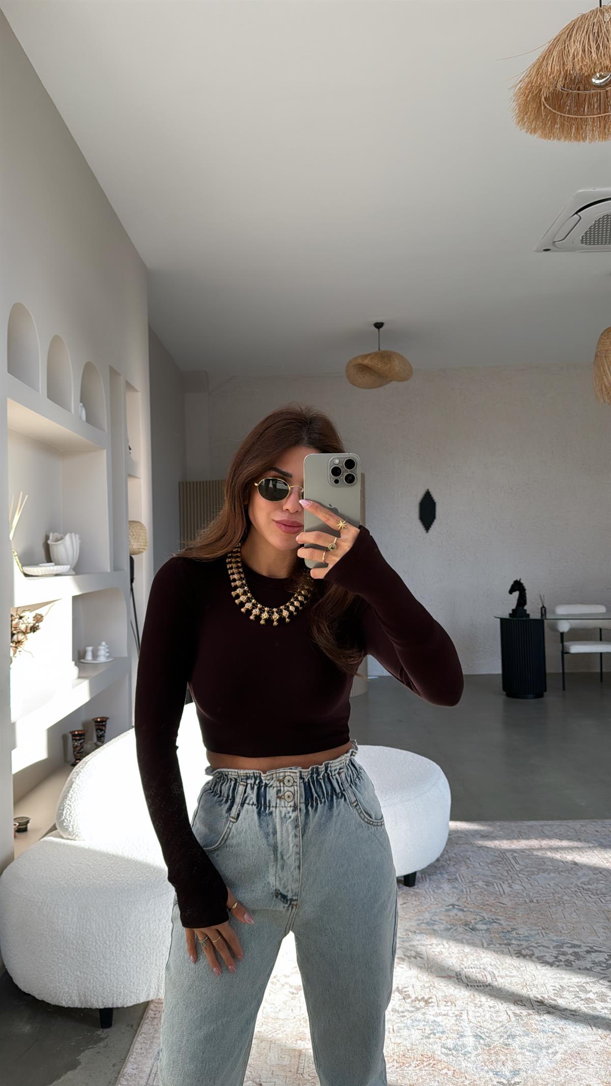 Acı Kahve Crop Parmak Geçme İthal Body