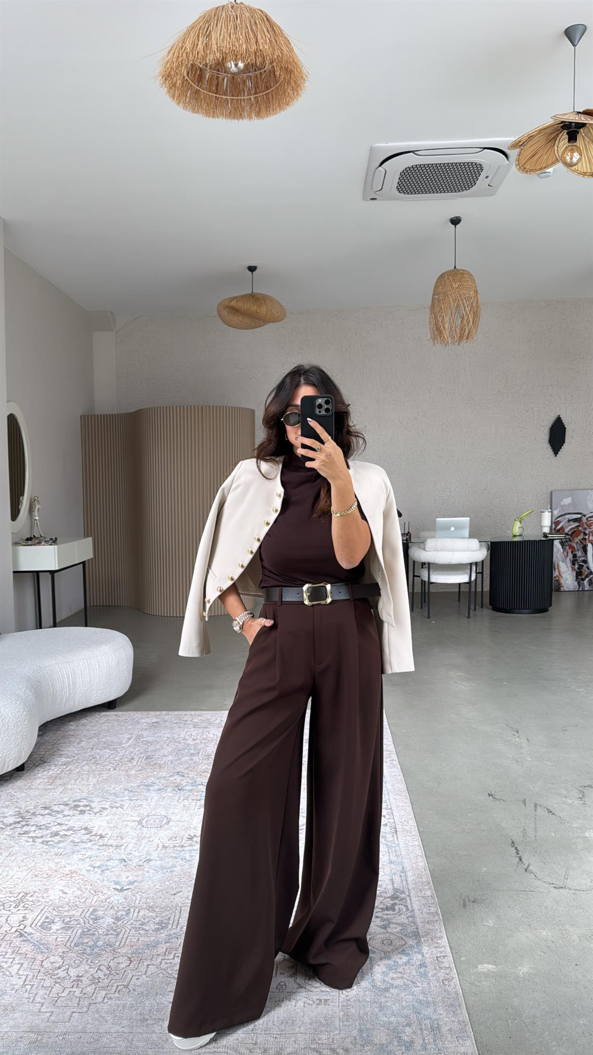 Acı Kahve Kemerli Bol Kumaş Pantolon