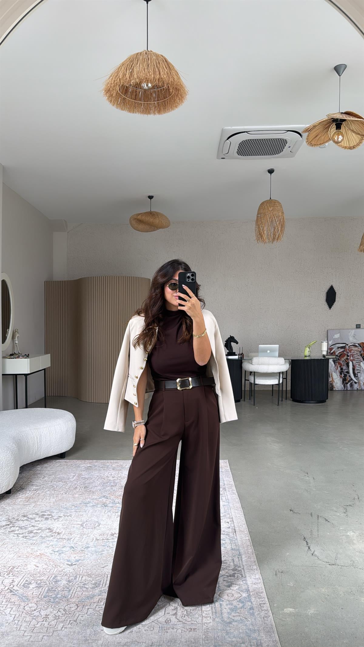 Acı Kahve Kemerli Bol Kumaş Pantolon