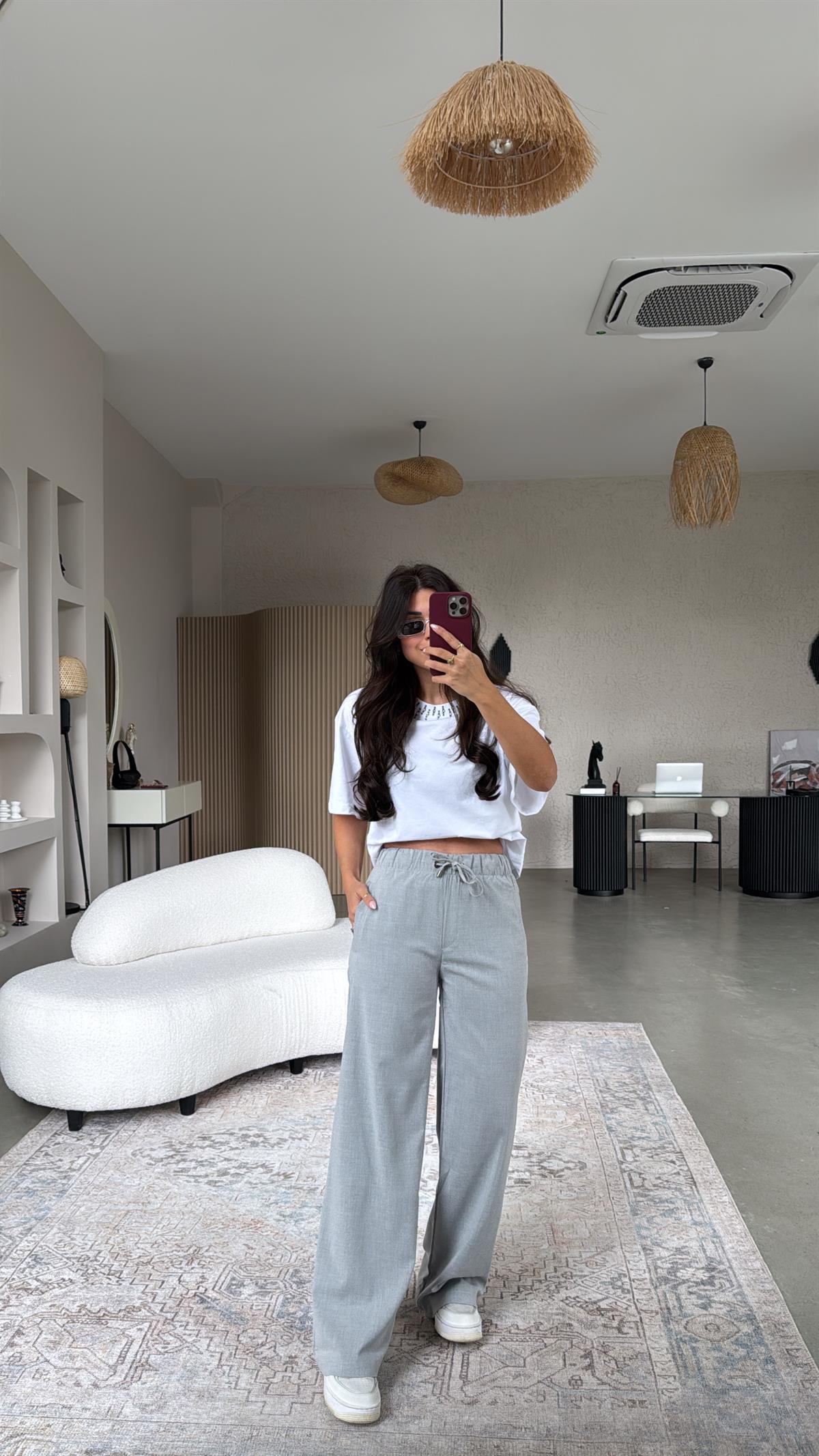 Açık Gri Beli Lastikli Kumaş Pantolon