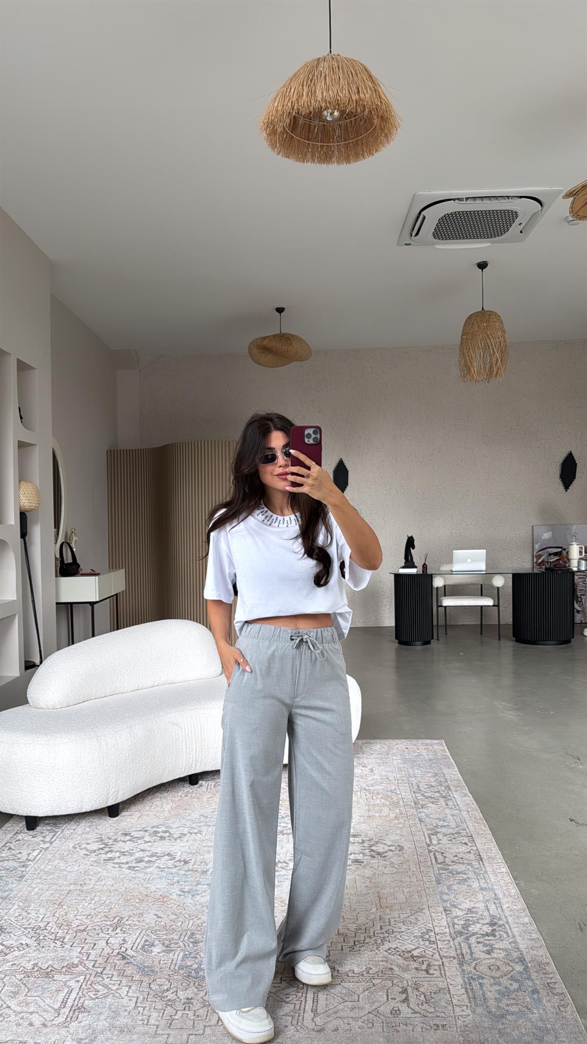 Açık Gri Beli Lastikli Kumaş Pantolon