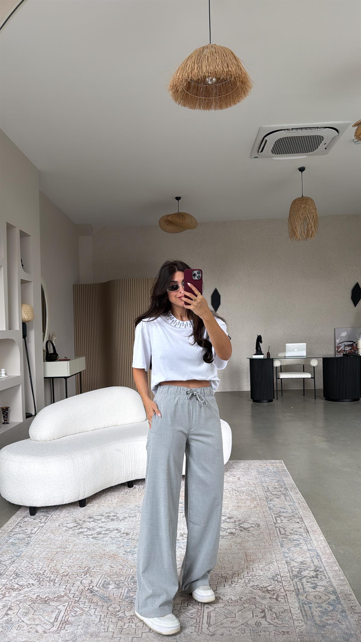 Açık Gri Beli Lastikli Kumaş Pantolon