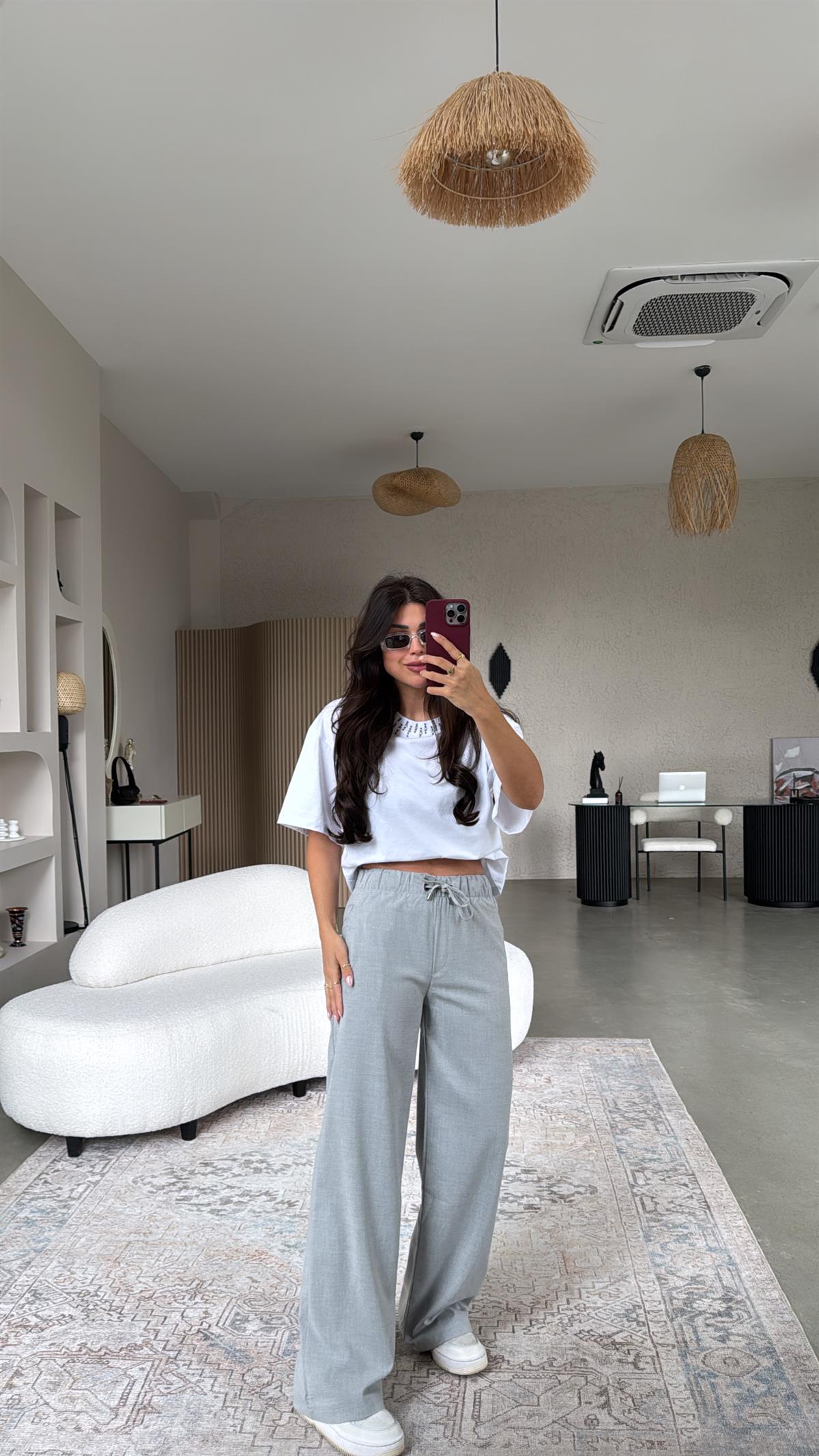 Açık Gri Beli Lastikli Kumaş Pantolon