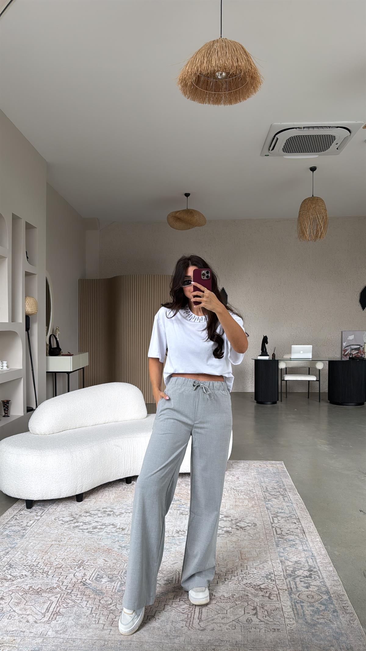 Açık Gri Beli Lastikli Kumaş Pantolon