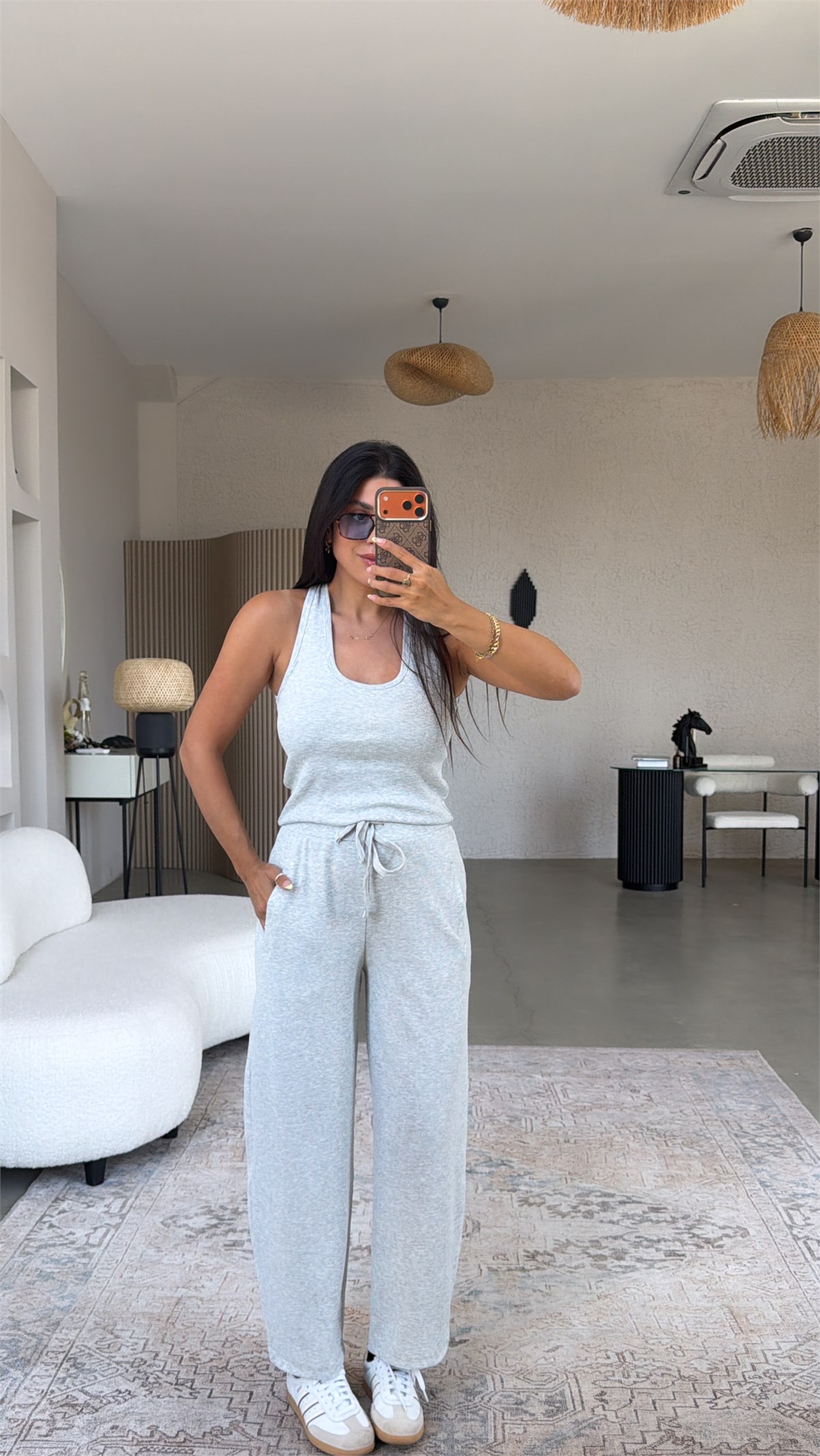 Açık Gri Fitilli Globlu Atlet Rahat Eşofman Takım