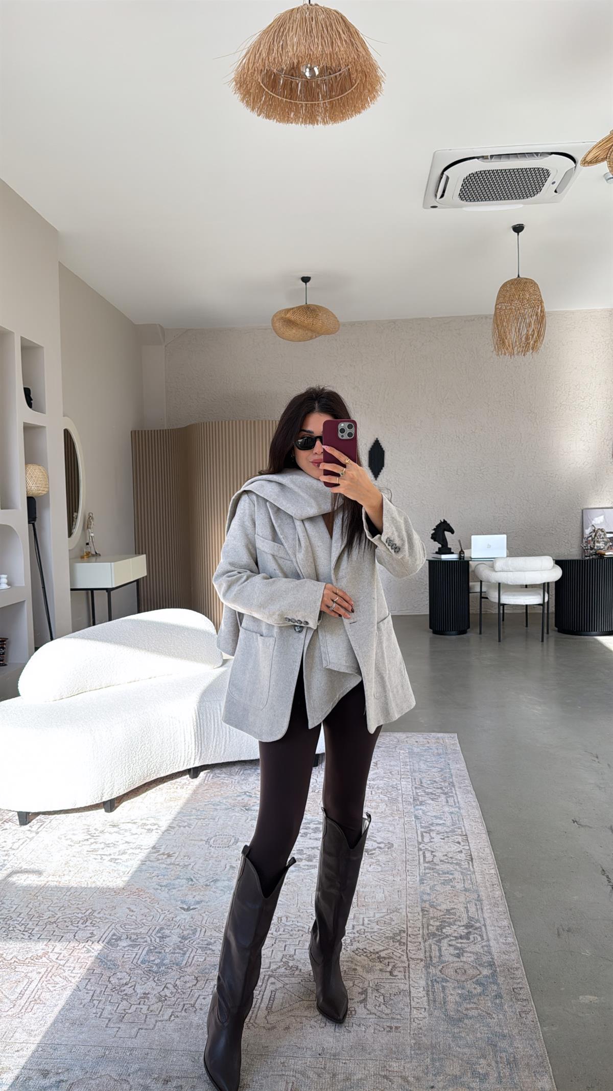 Açık Gri Premium Kaşe Şallı Ceket