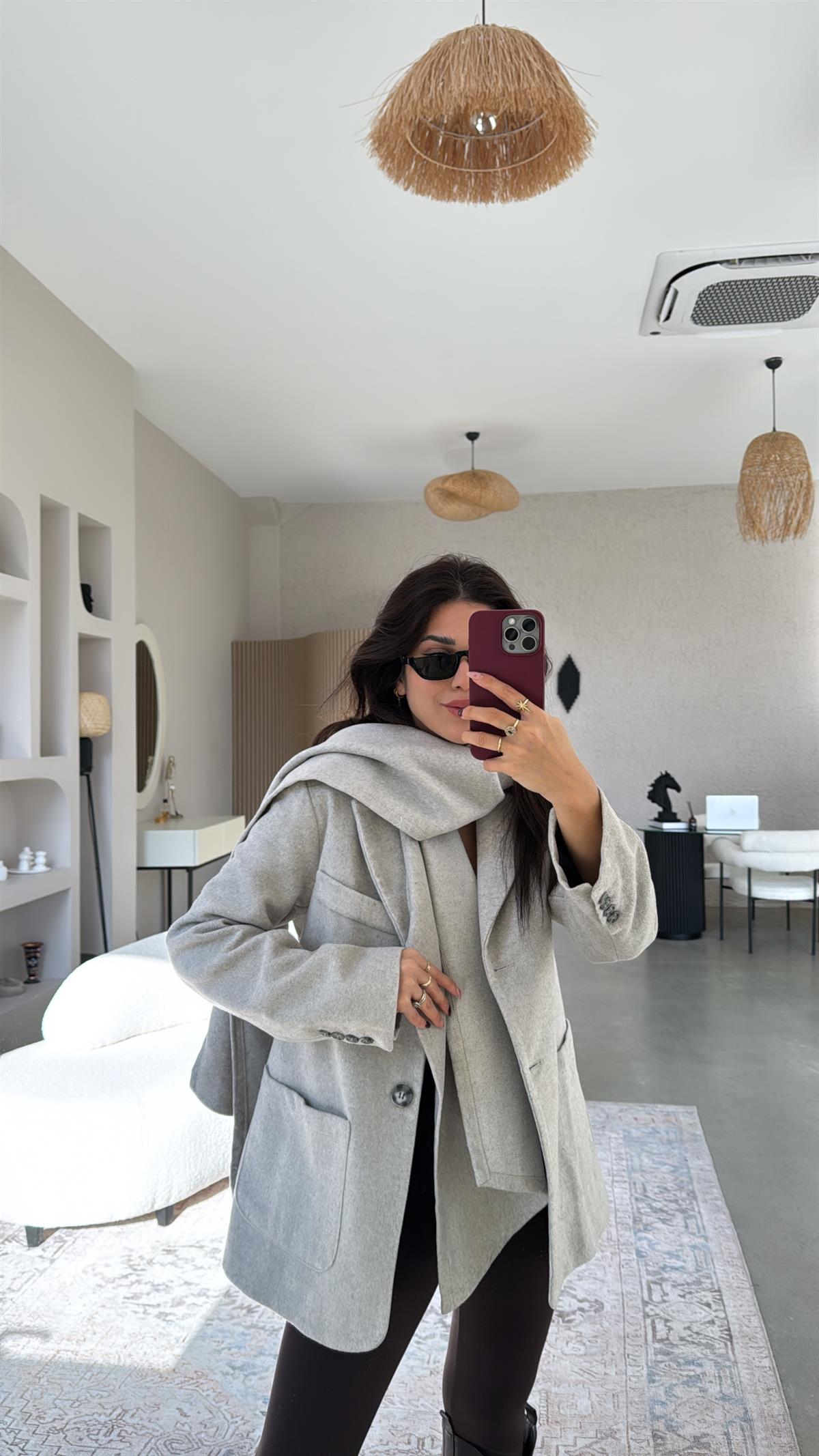 Açık Gri Premium Kaşe Şallı Ceket