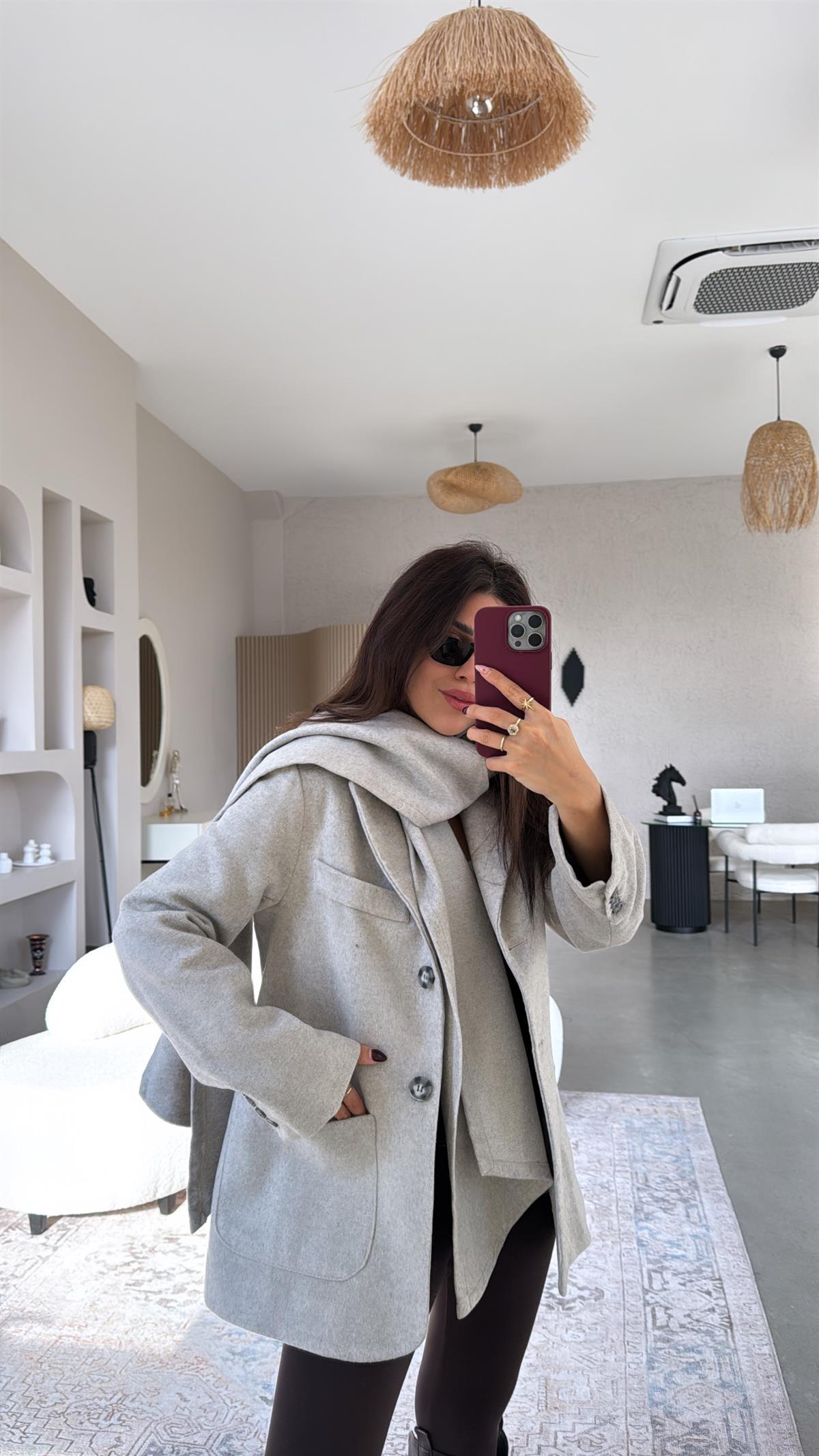 Açık Gri Premium Kaşe Şallı Ceket