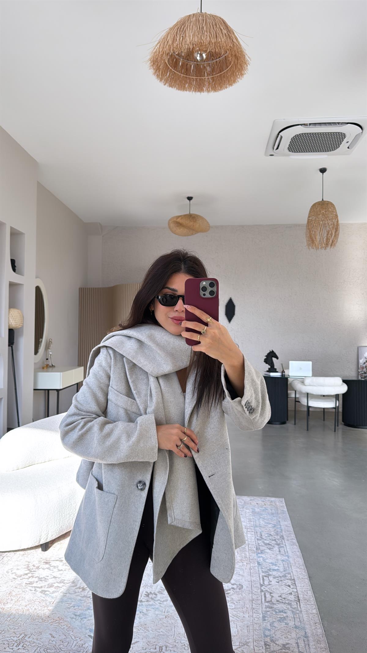 Açık Gri Premium Kaşe Şallı Ceket