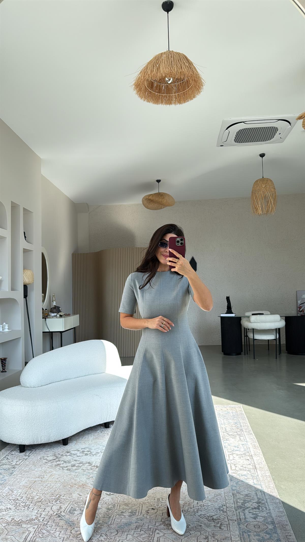 Açık Gri Premium ZR Model Kiloş Maxi Elbise
