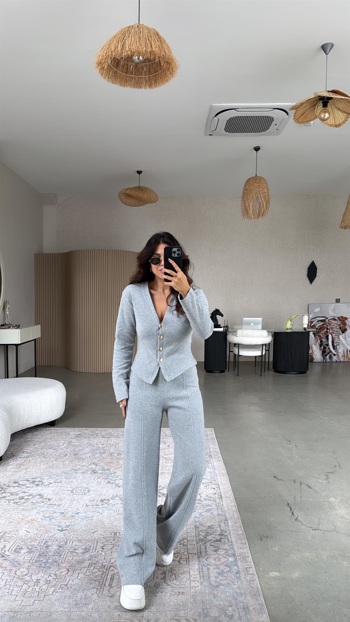 Açık Gri Selanik Triko ZR model Hırka Pantolon Takım