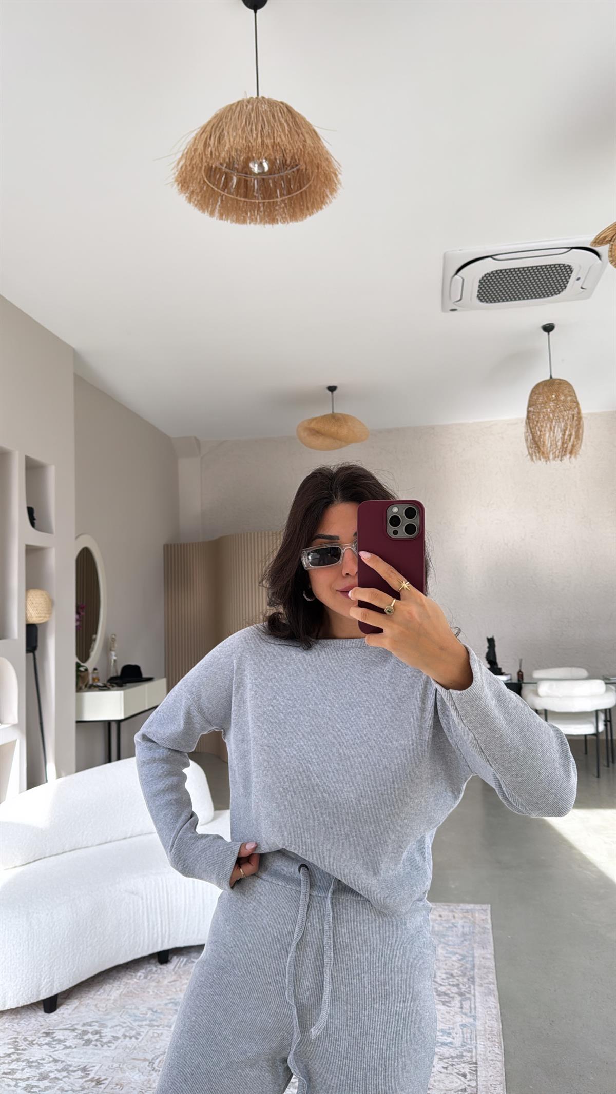 Açık Gri Uzun Kollu Fitilli Takım