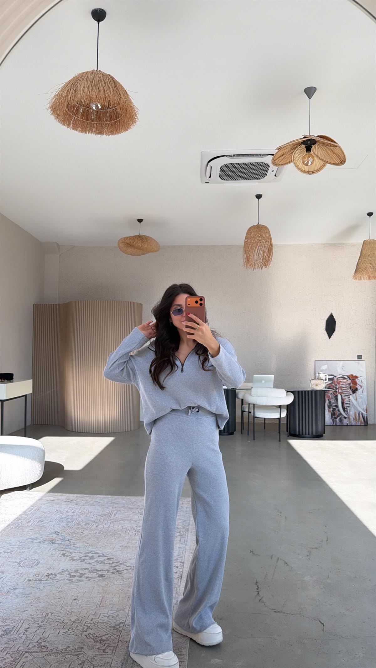 Açık Gri Yarım Fermuarlı Fitilli Basic Takım