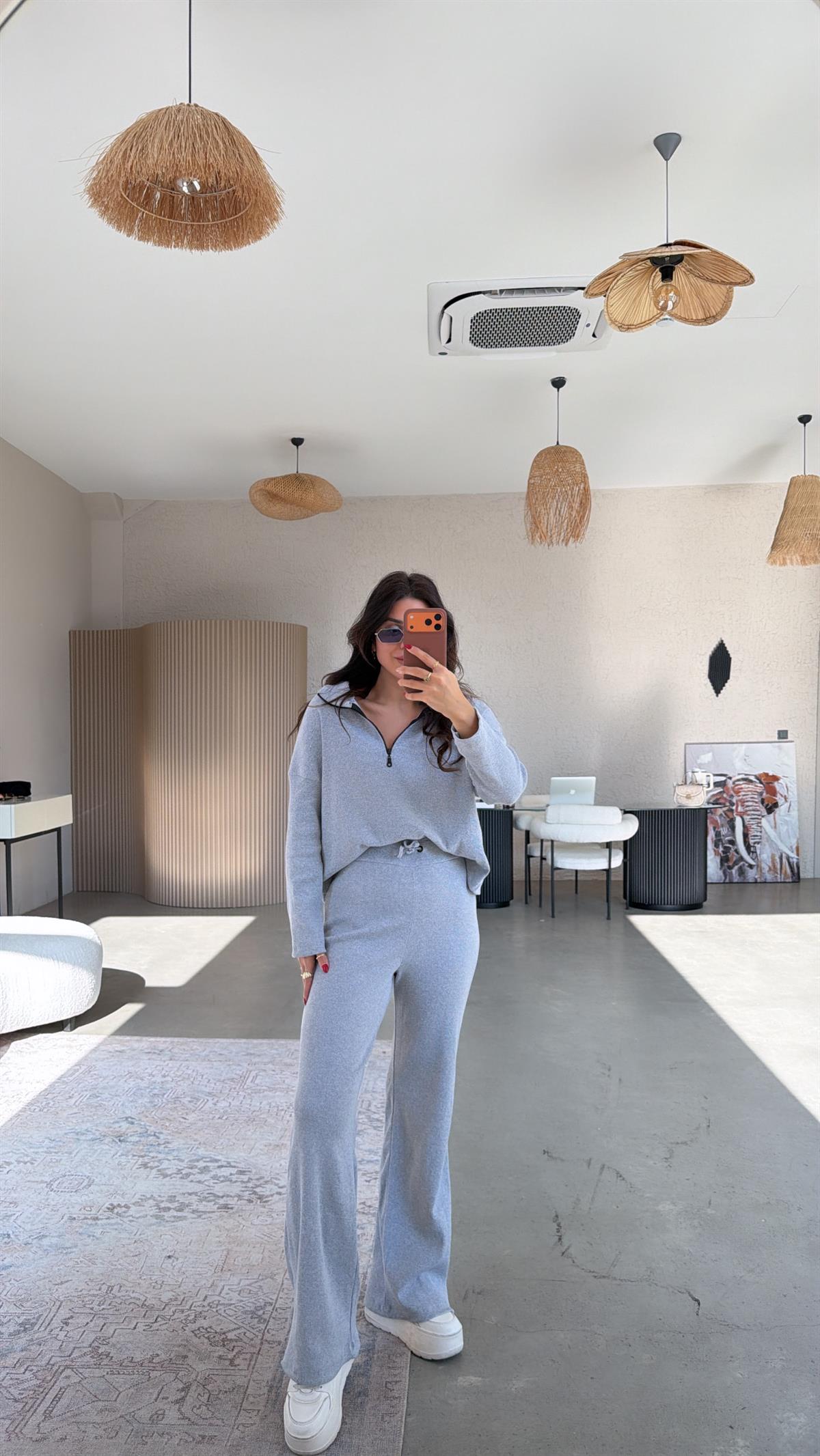 Açık Gri Yarım Fermuarlı Fitilli Basic Takım