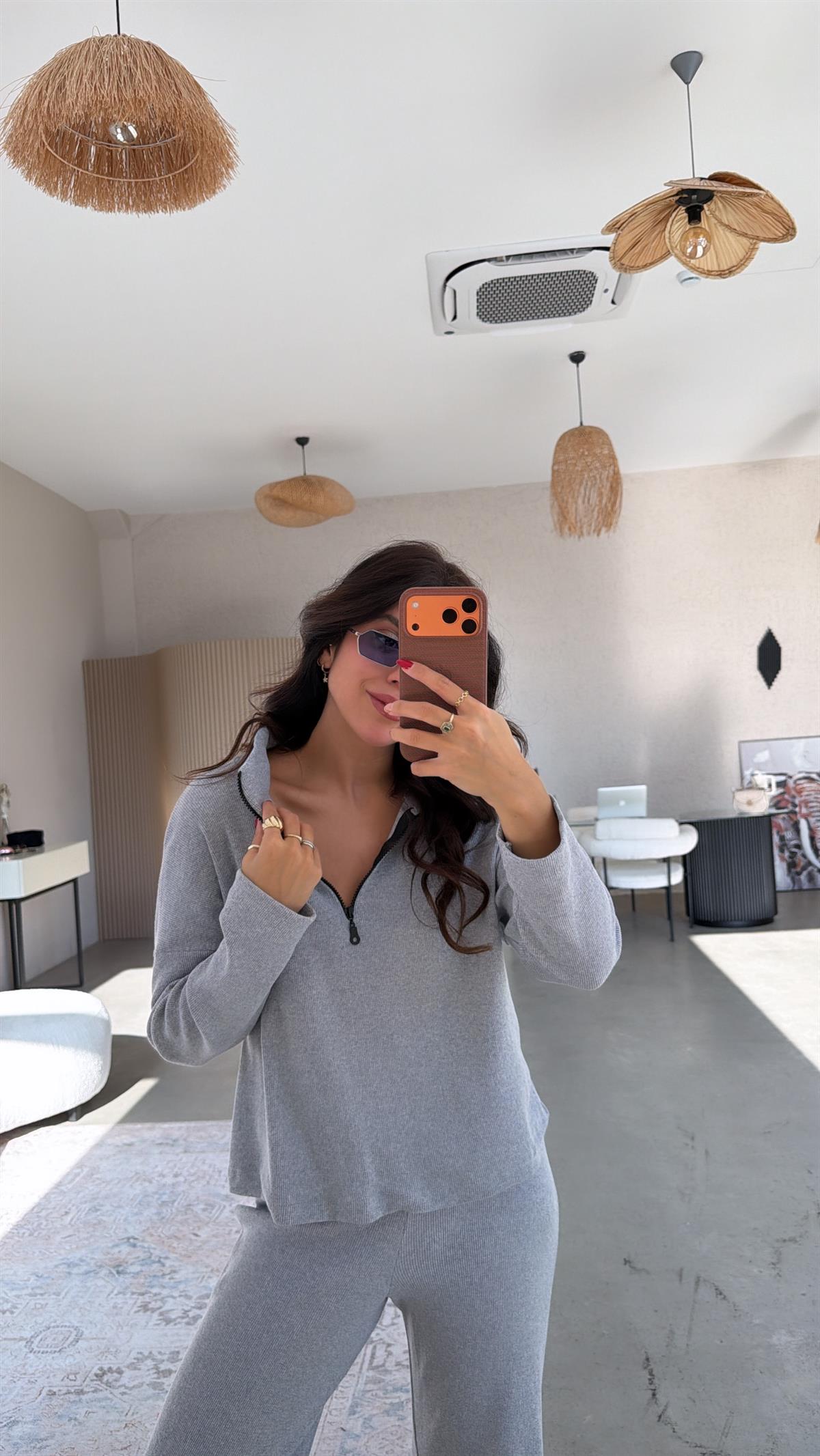 Açık Gri Yarım Fermuarlı Fitilli Basic Takım