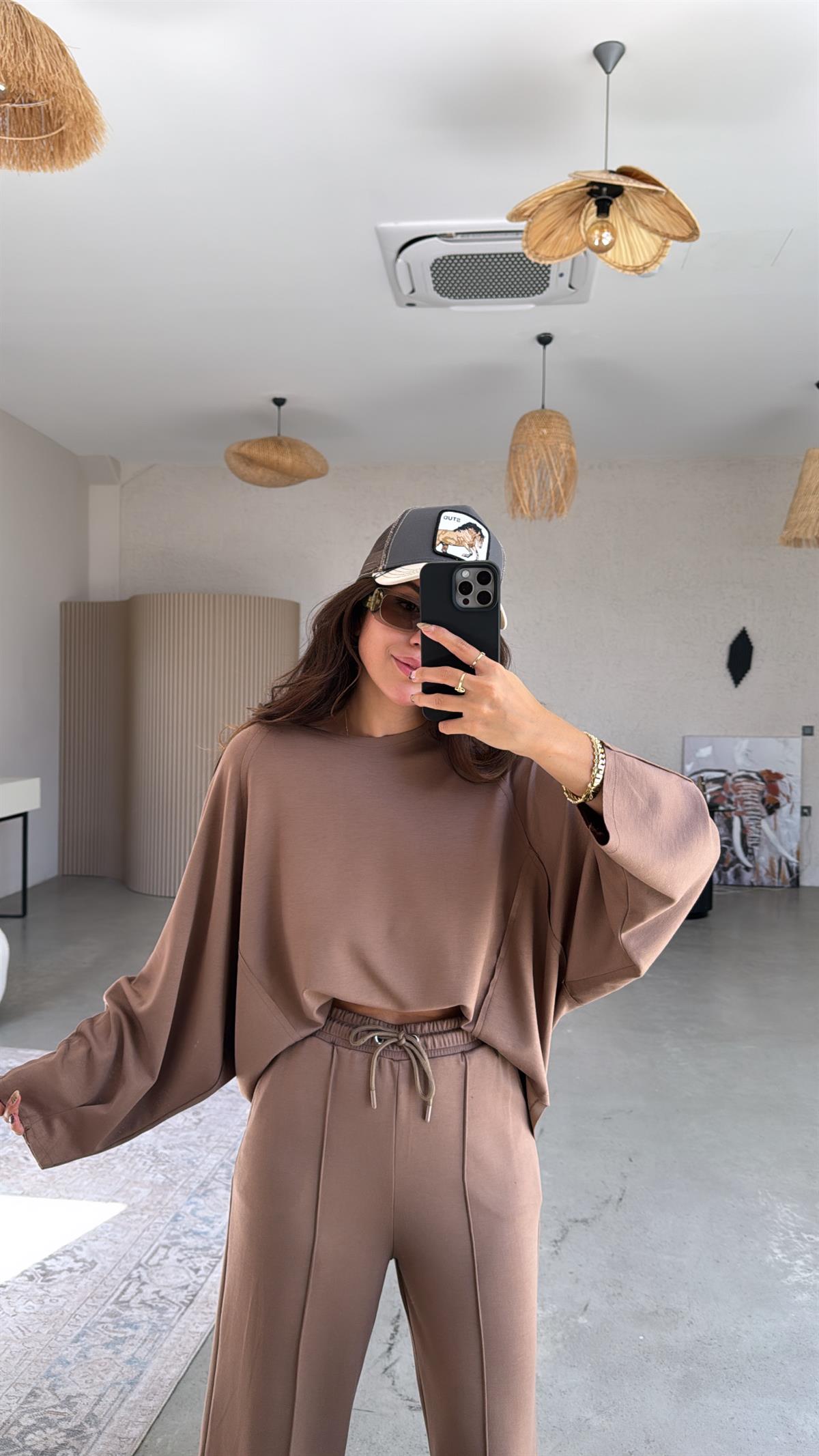 Açık Kahverengi Dikiş Detay Modal Takım