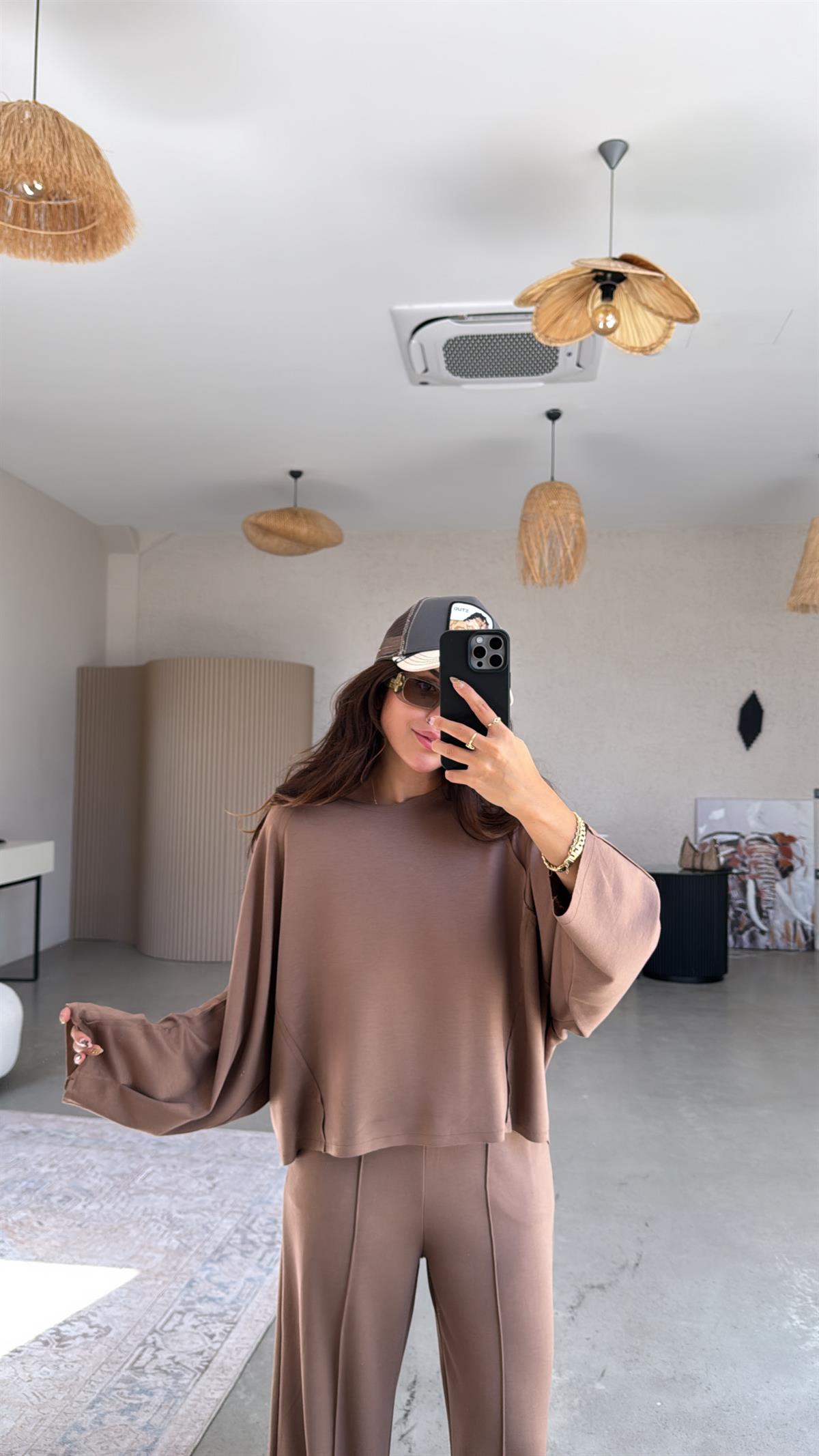 Açık Kahverengi Dikiş Detay Modal Takım